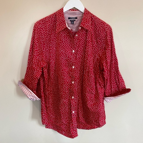 Chaps Non Iron Shirt 3/4 Sleeve Red Polka Dots Womens 1X - Picture 1 of 6
